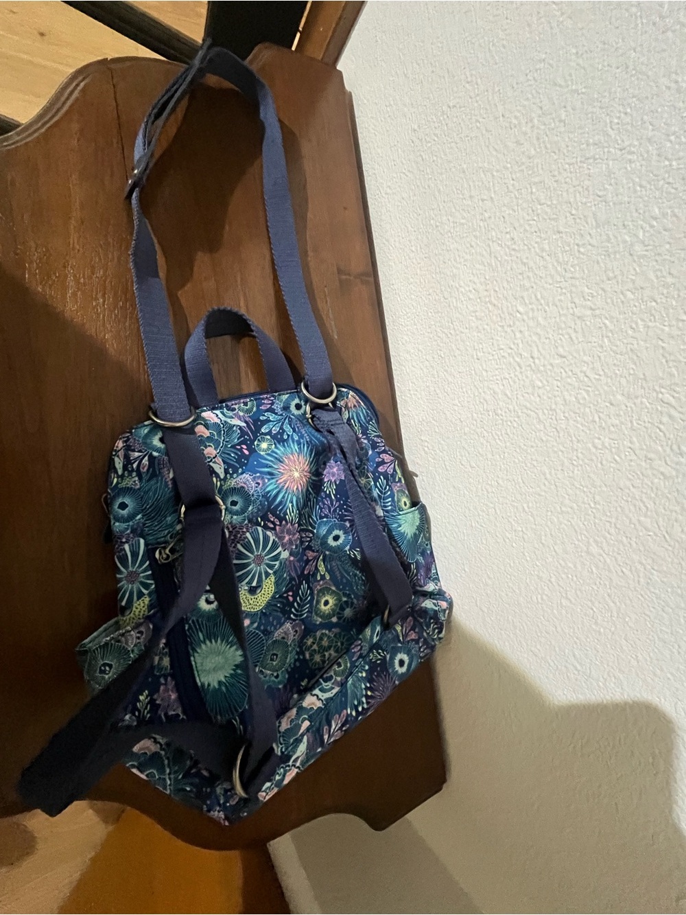 Sakroots Navy Floral Mini Backpack with Teal, Aqua & Lavender Accents - Picture 4 of 11